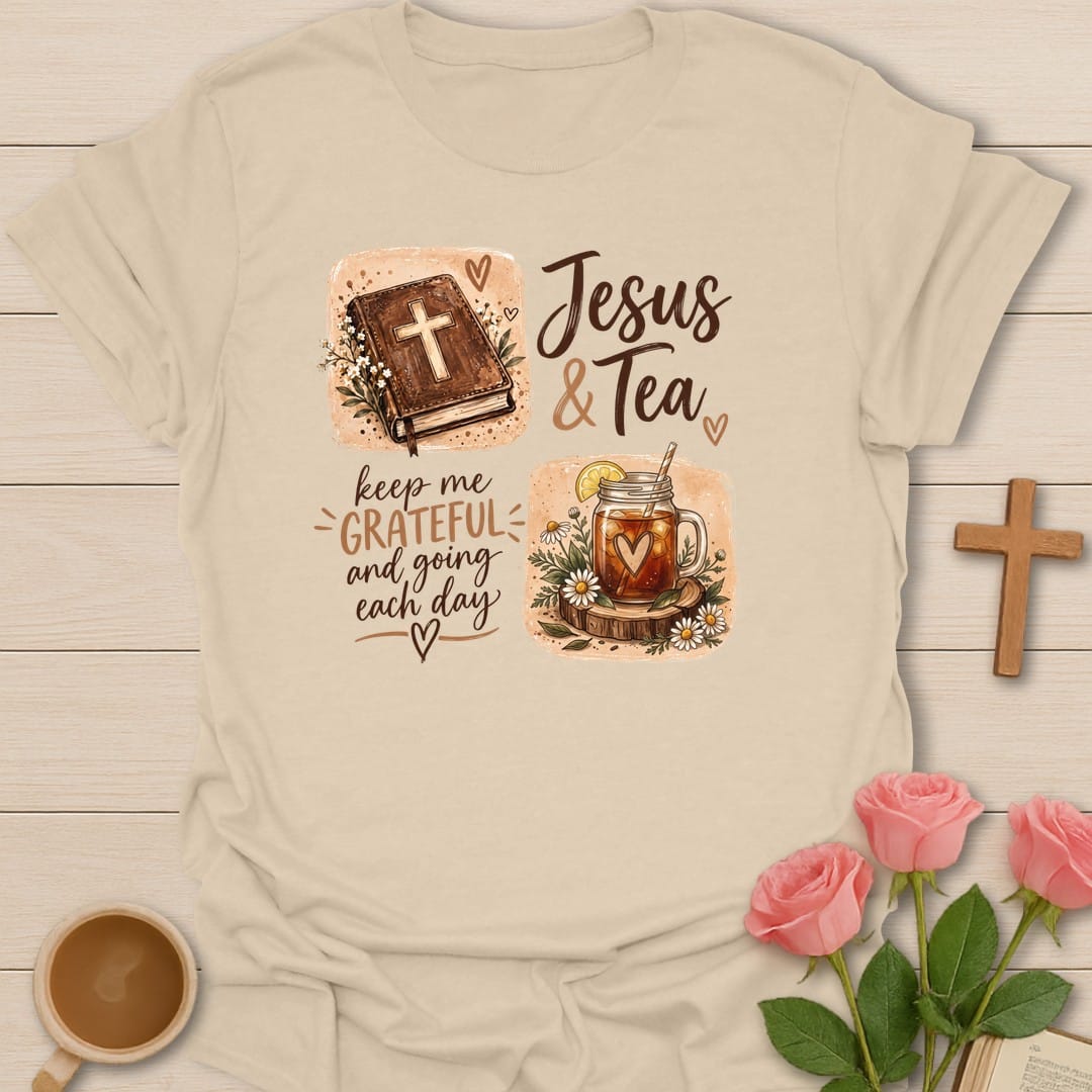 Jesus & Tea Keep Me Grateful and Going Each Day with a Bible, cross and mason jar iced tea with daisies - Sand