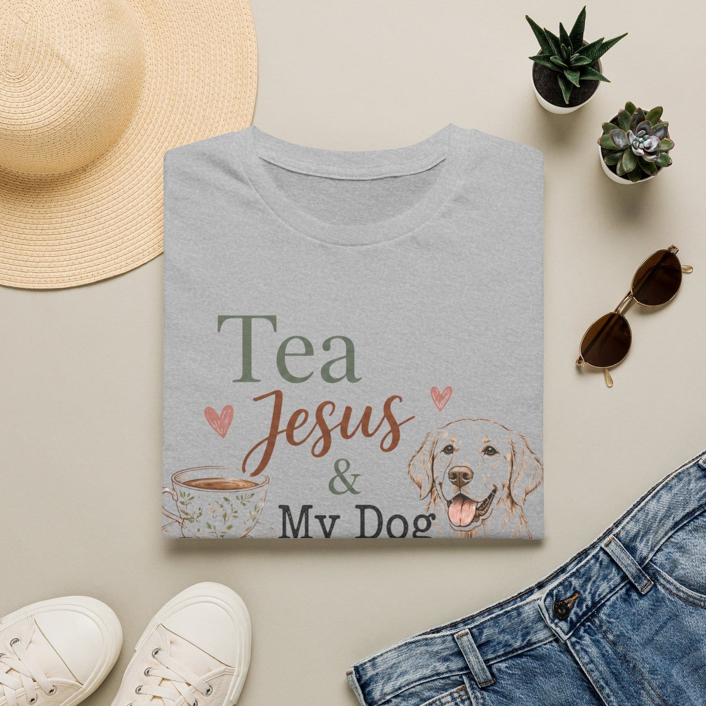 Tea, Jesus and My Dog shirt with cute dog, teacup, cross, and cream lettering.