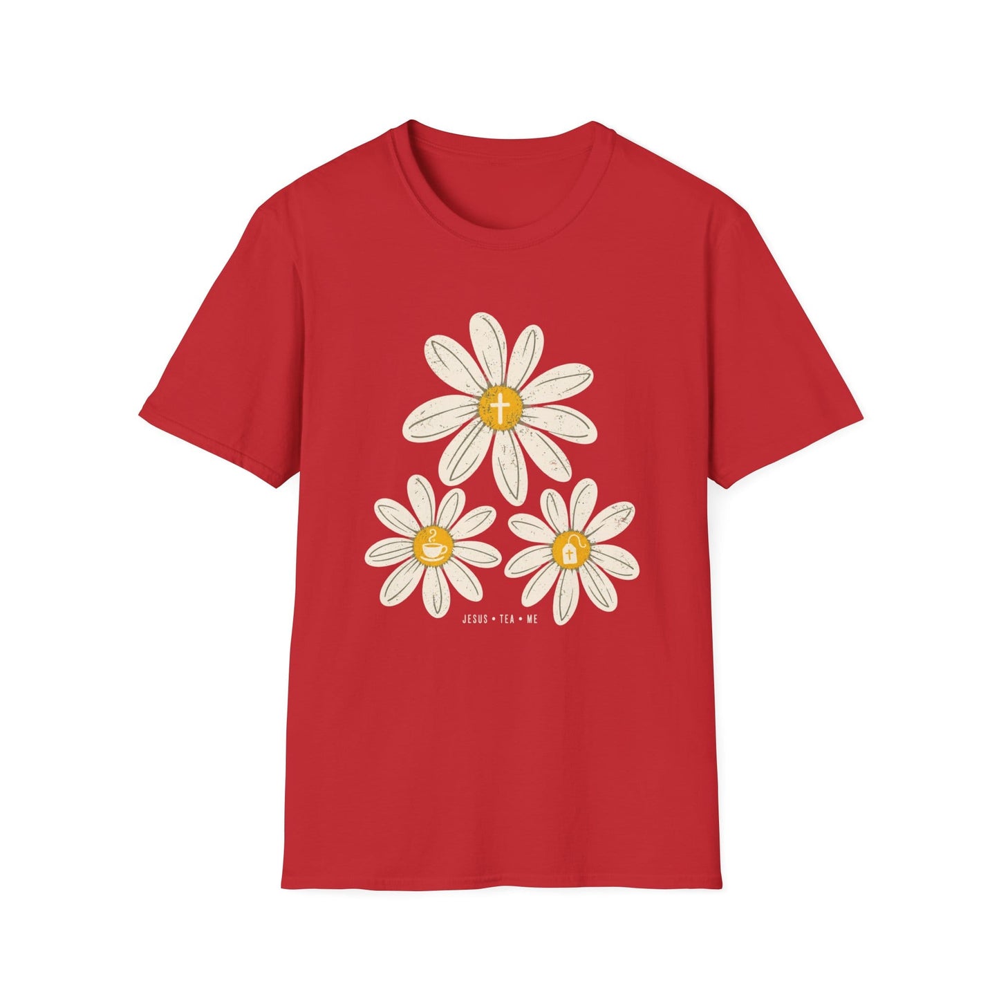 Jesus Tea & Me Daisy shirt with daisy artwork and faith-inspired lettering.