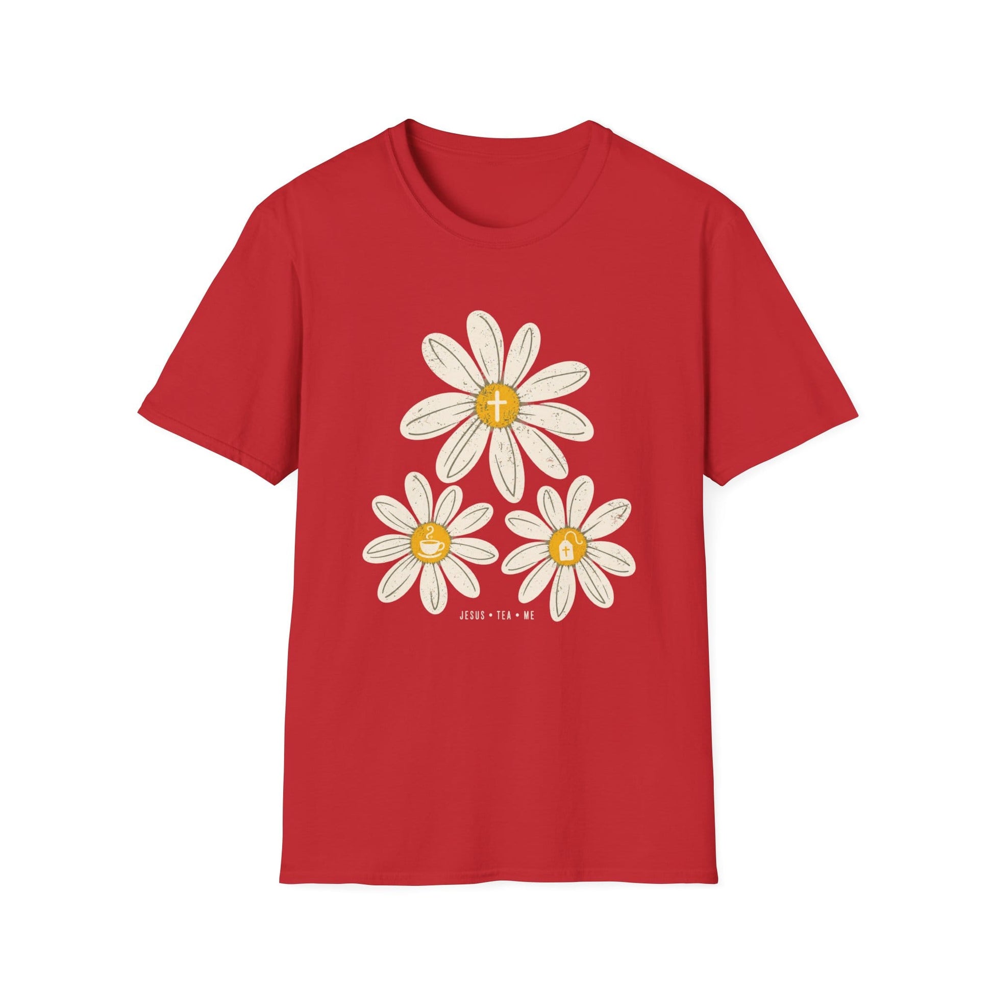 Jesus Tea & Me Daisy shirt with daisy artwork and faith-inspired lettering.