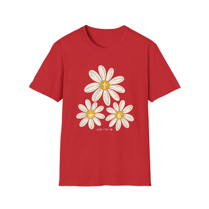 Jesus Tea & Me Daisy shirt with daisy artwork and faith-inspired lettering.