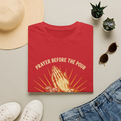 Prayer Before The Pour Christian shirt with praying hands, iced tea glass, sunburst, Amen and Then Again text