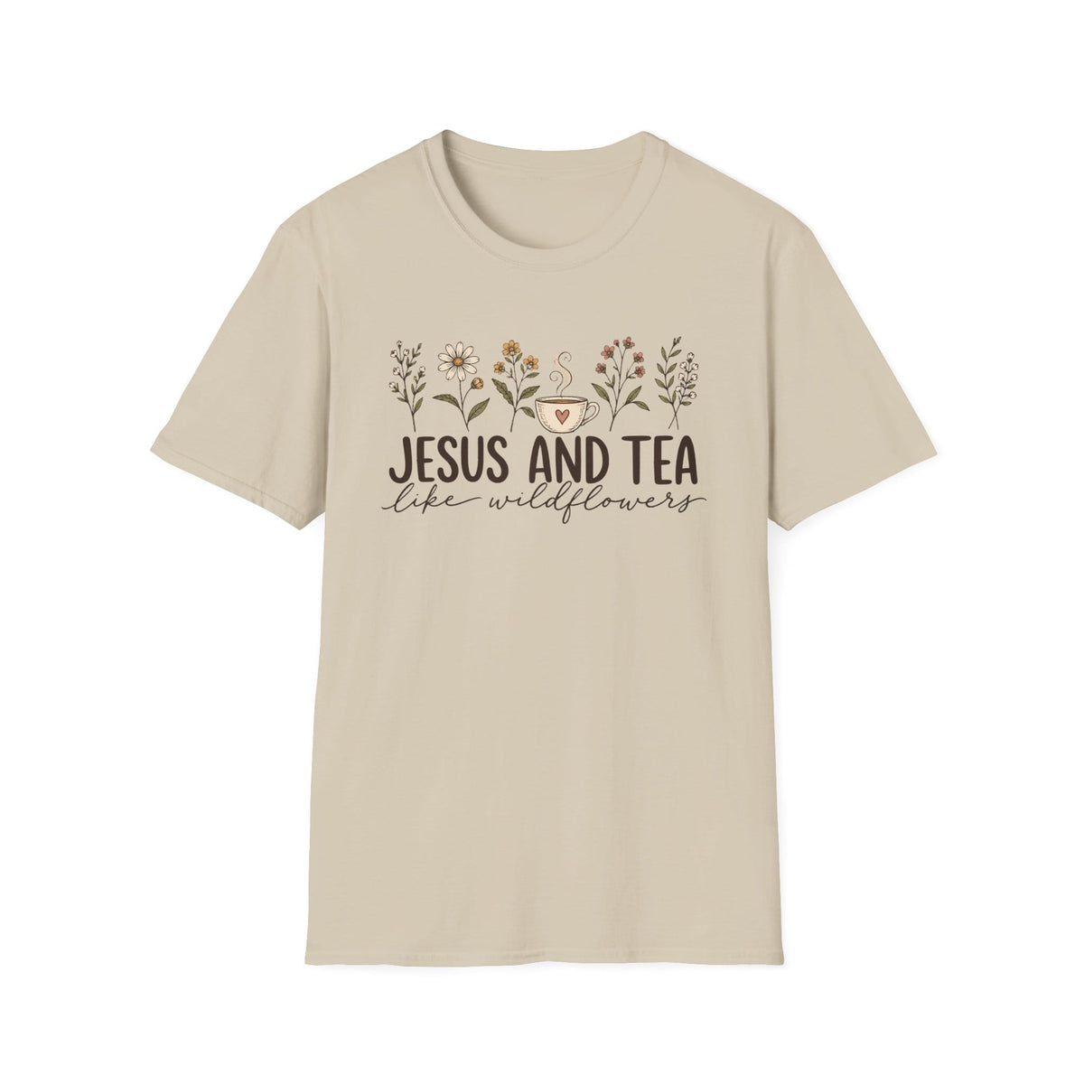 Jesus and Tea Like Wildflowers Christian t-shirt with a row of hand-drawn wildflowers around a small teacup - Sand