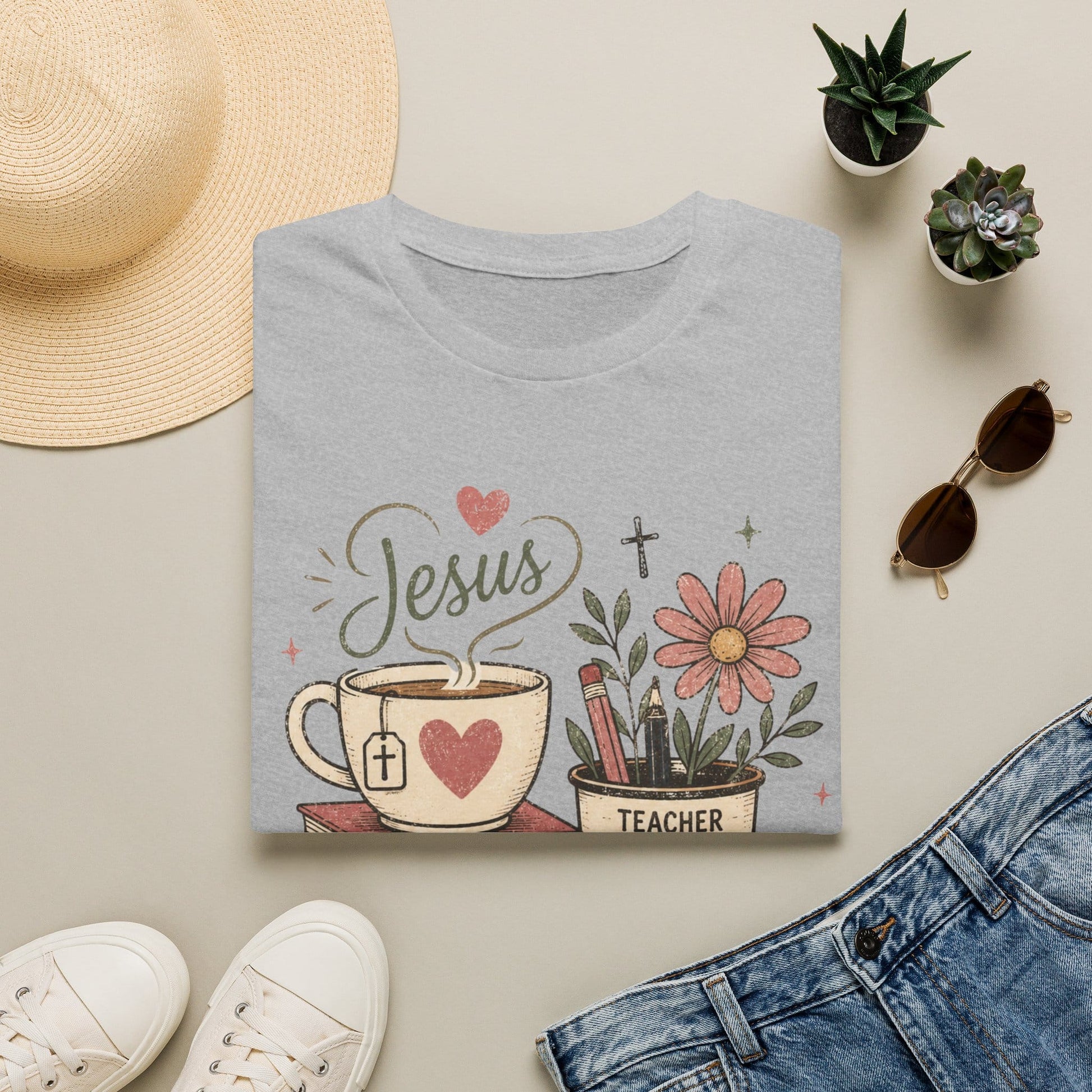 Teachers Plant Seeds shirt with stacked books, teacup, pencil cup, pink flower, hearts, leaves, and vintage distressed typography.