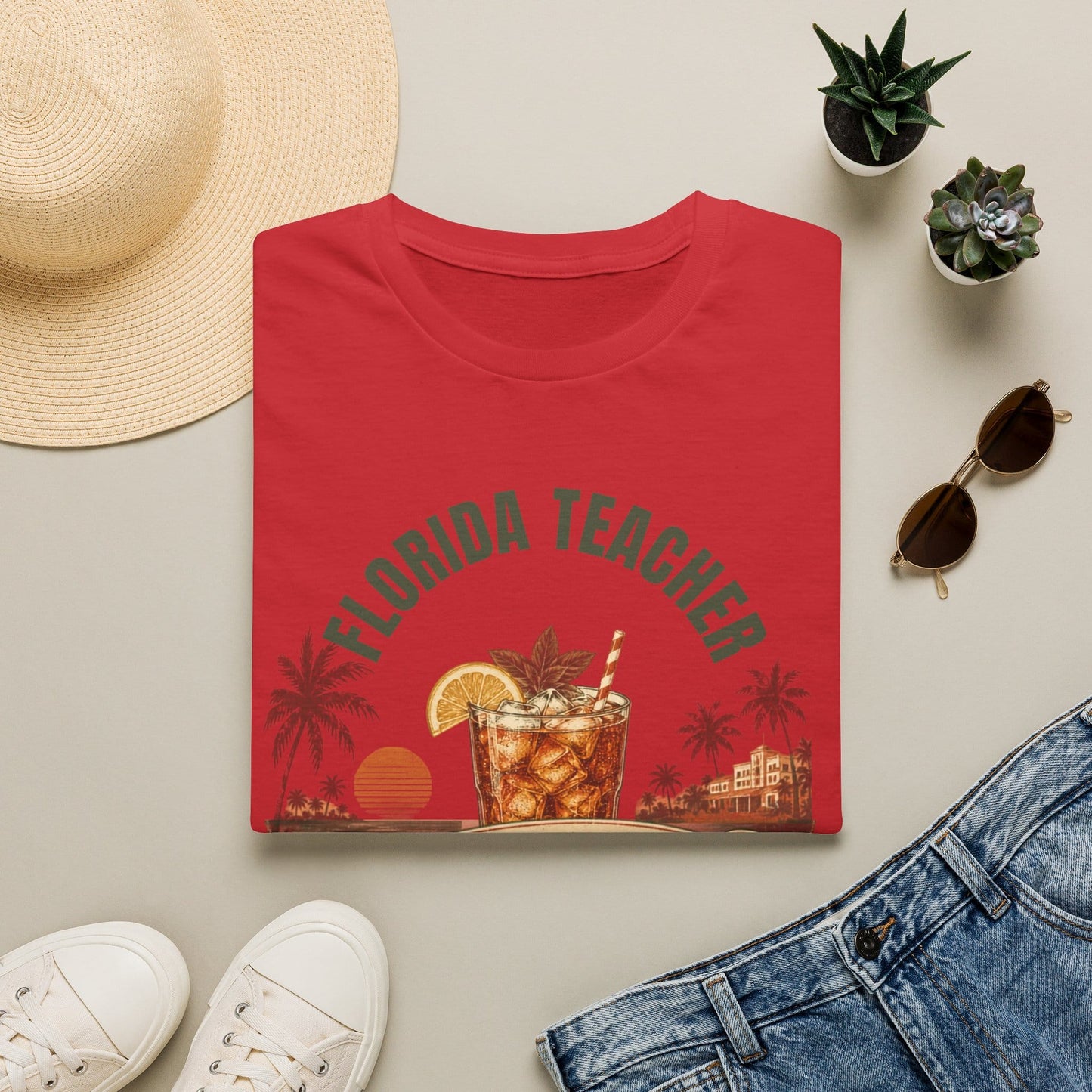 Florida Teacher shirt with arched green text, iced sweet tea glass, orange slice, palms, sunset, ribbon banner, and Sunday Grace wording.