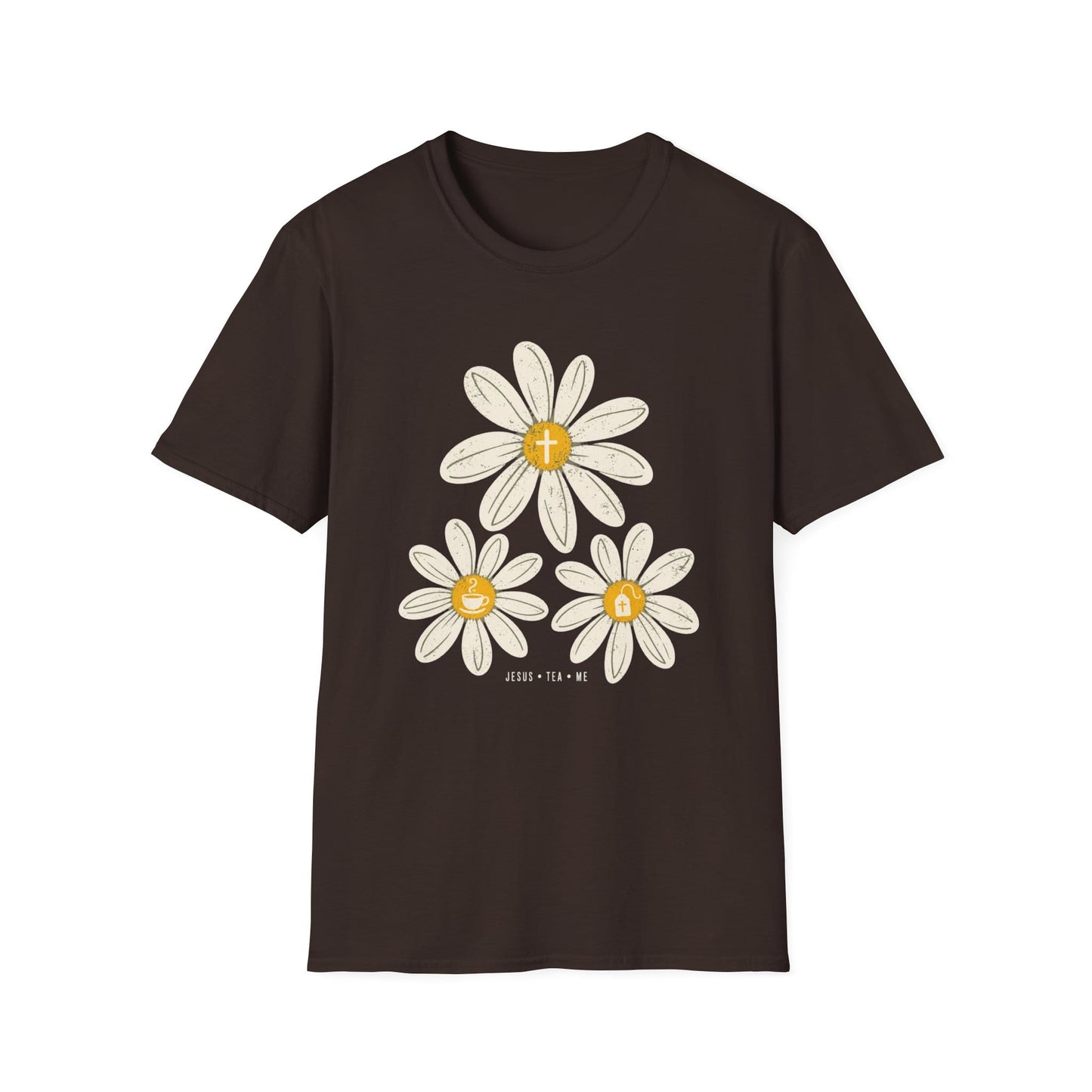 Jesus Tea & Me Daisy shirt with daisy artwork and faith-inspired lettering.