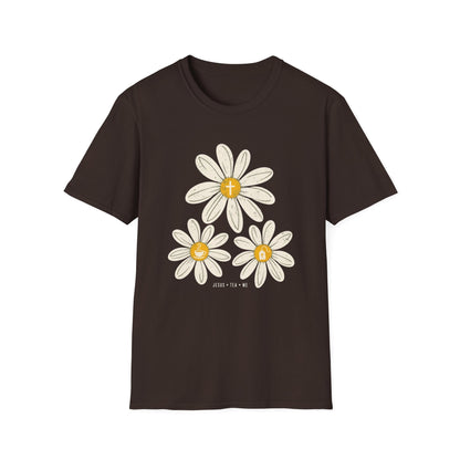 Jesus Tea & Me Daisy shirt with daisy artwork and faith-inspired lettering.