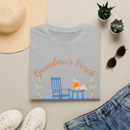 Grandma’s Porch shirt with rocking chair, sweet tea, open Bible, floral wreath, and Sweet Tea and Scripture text