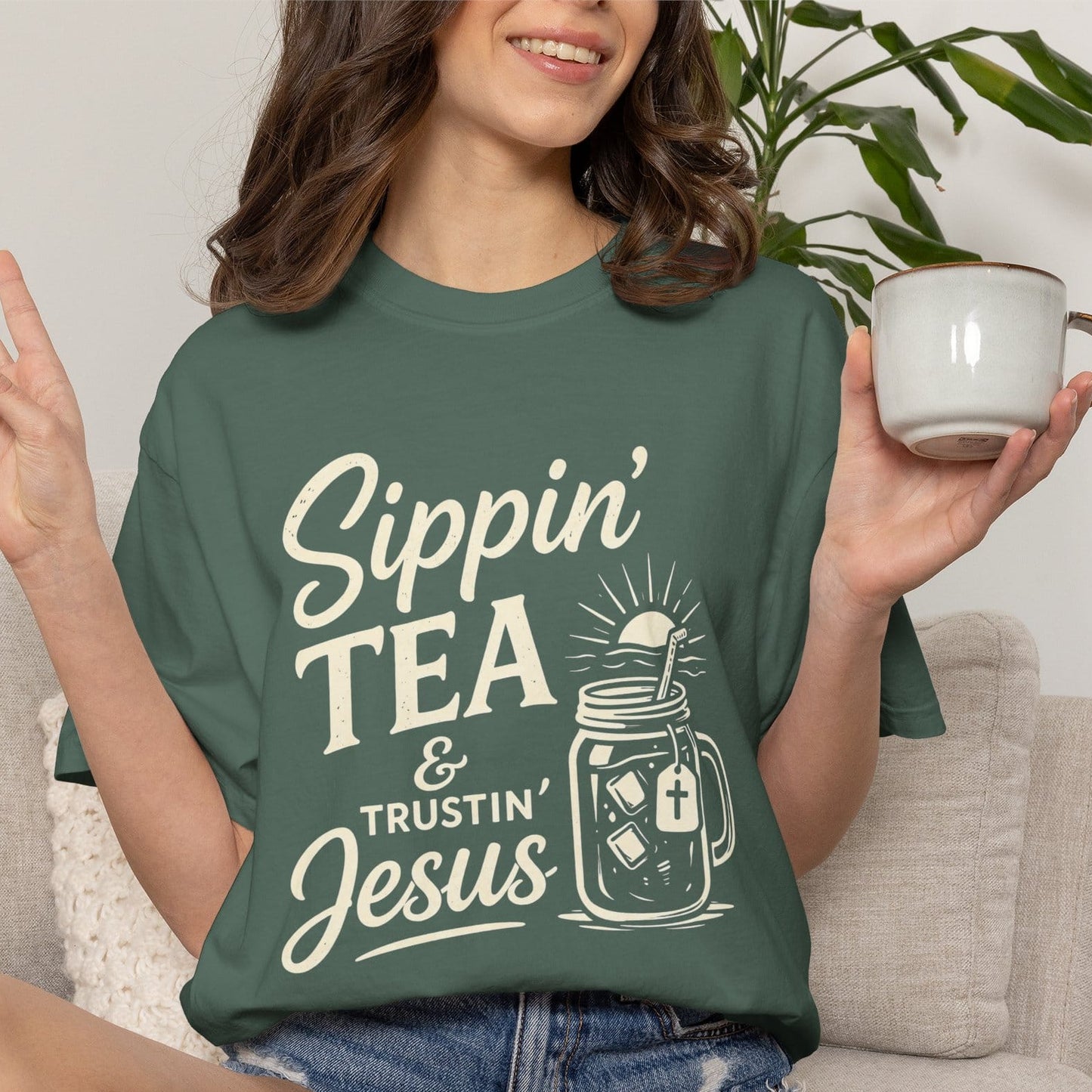Sippin' Tea & Trustin' Jesus T-Shirt CC KozzyCo Christian and tea lover design