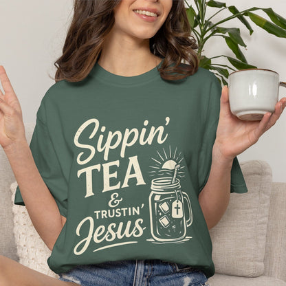 Sippin' Tea & Trustin' Jesus T-Shirt CC KozzyCo Christian and tea lover design