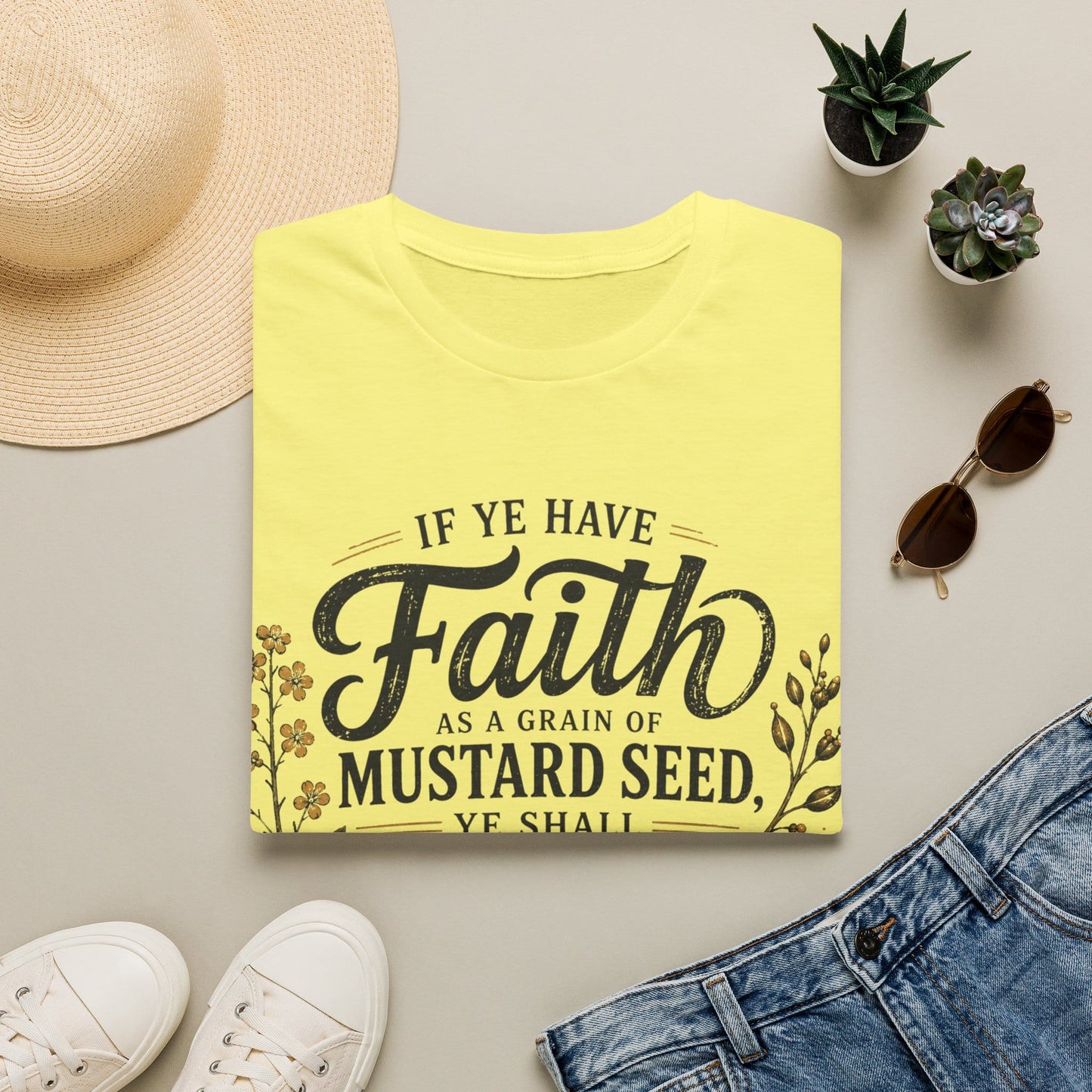 Mustard Seed Faith shirt with mountain scene, mustard flowers, faith lettering, and Matthew 17:20 verse.