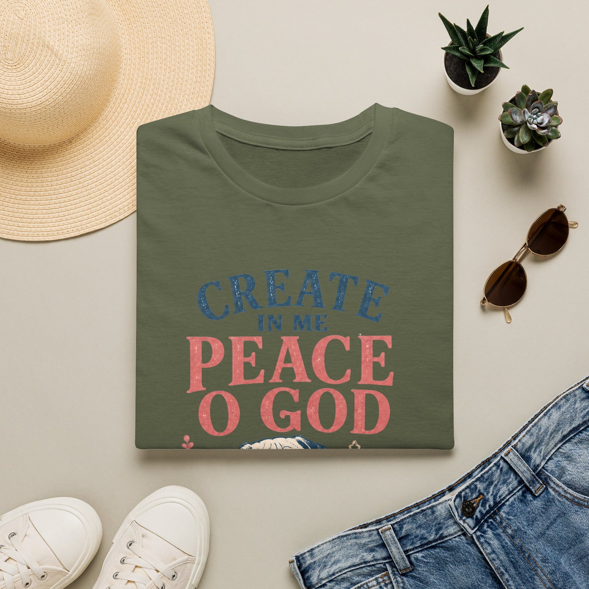 Create In Me Peace Christian shirt with Psalm 51:10 verse and faith-inspired design. - Military Green