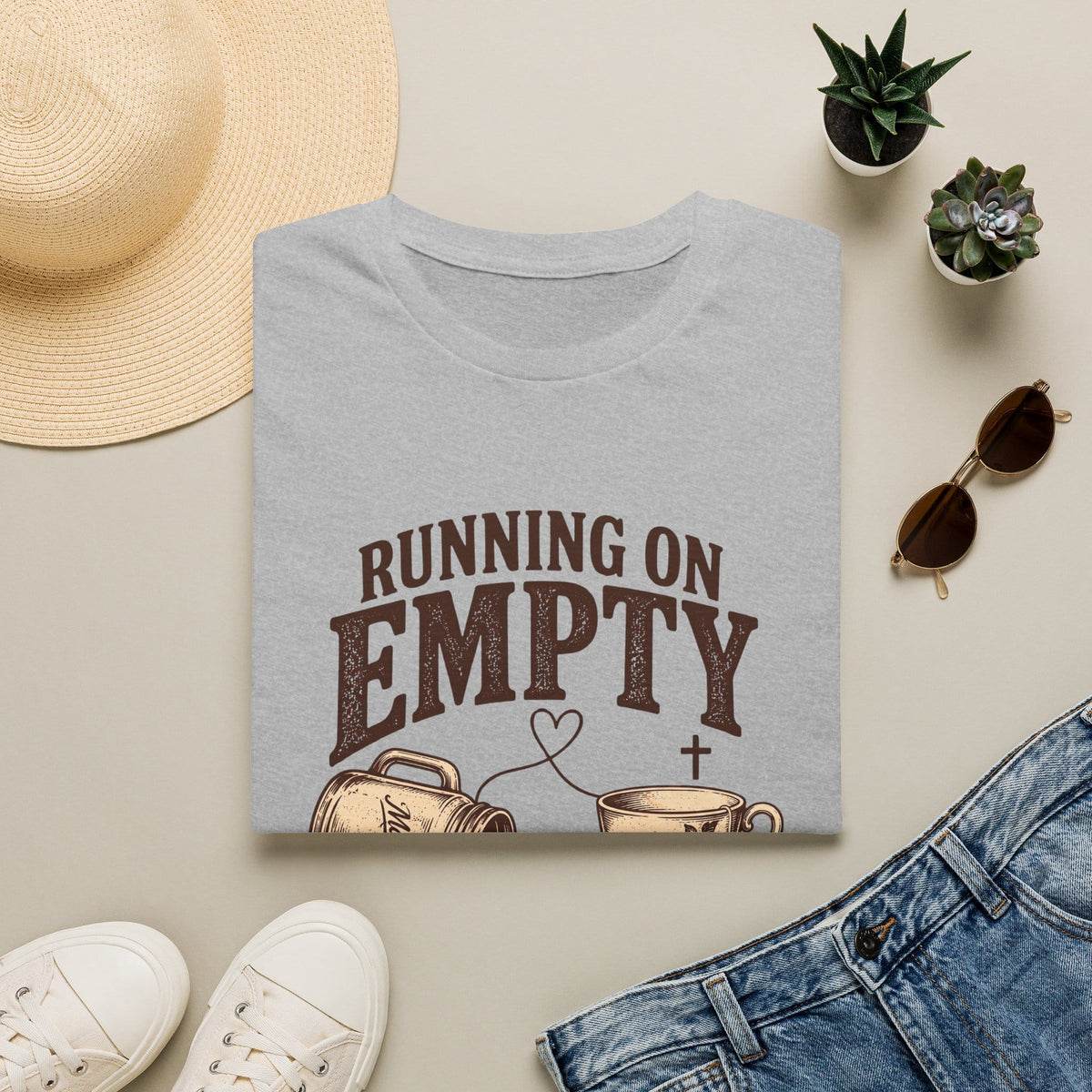 Empty Filled Up t-shirt with tea cup lettering and faith-inspired design