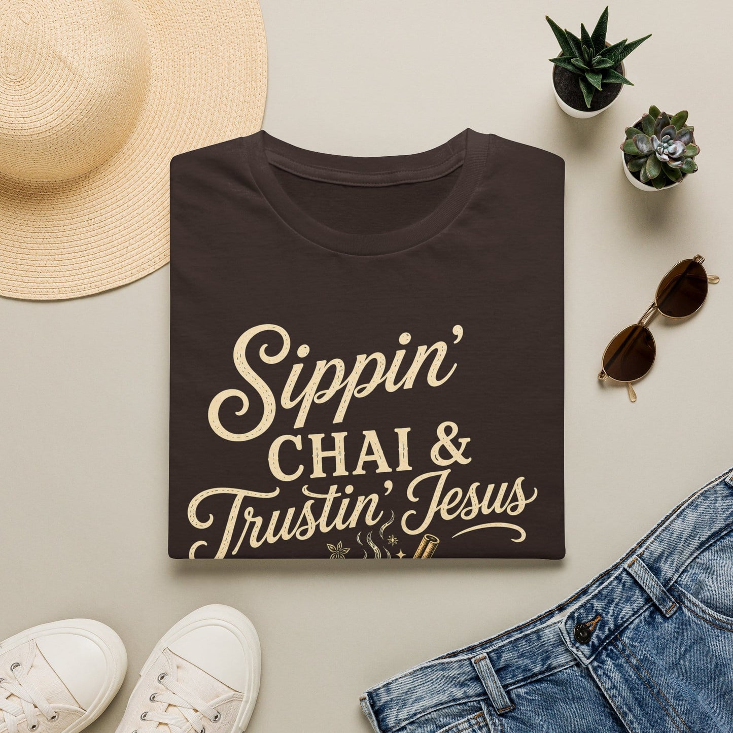 Sippin Chai and Trustin Jesus shirt with mason jar chai, straw, cross tea tag, steam, flowers, and cream vintage lettering.