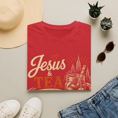 Jesus and Tea New York shirt with mason jar iced tea, cross tea tag, skyline, Statue of Liberty, bridge, cream and orange lettering.