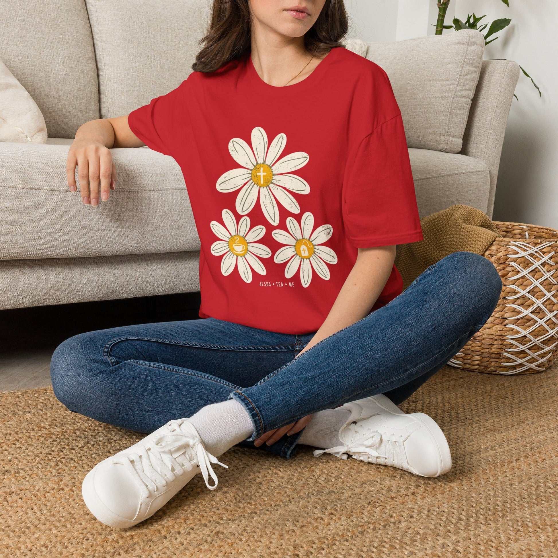 Jesus Tea & Me Daisy shirt with daisy artwork and faith-inspired lettering.