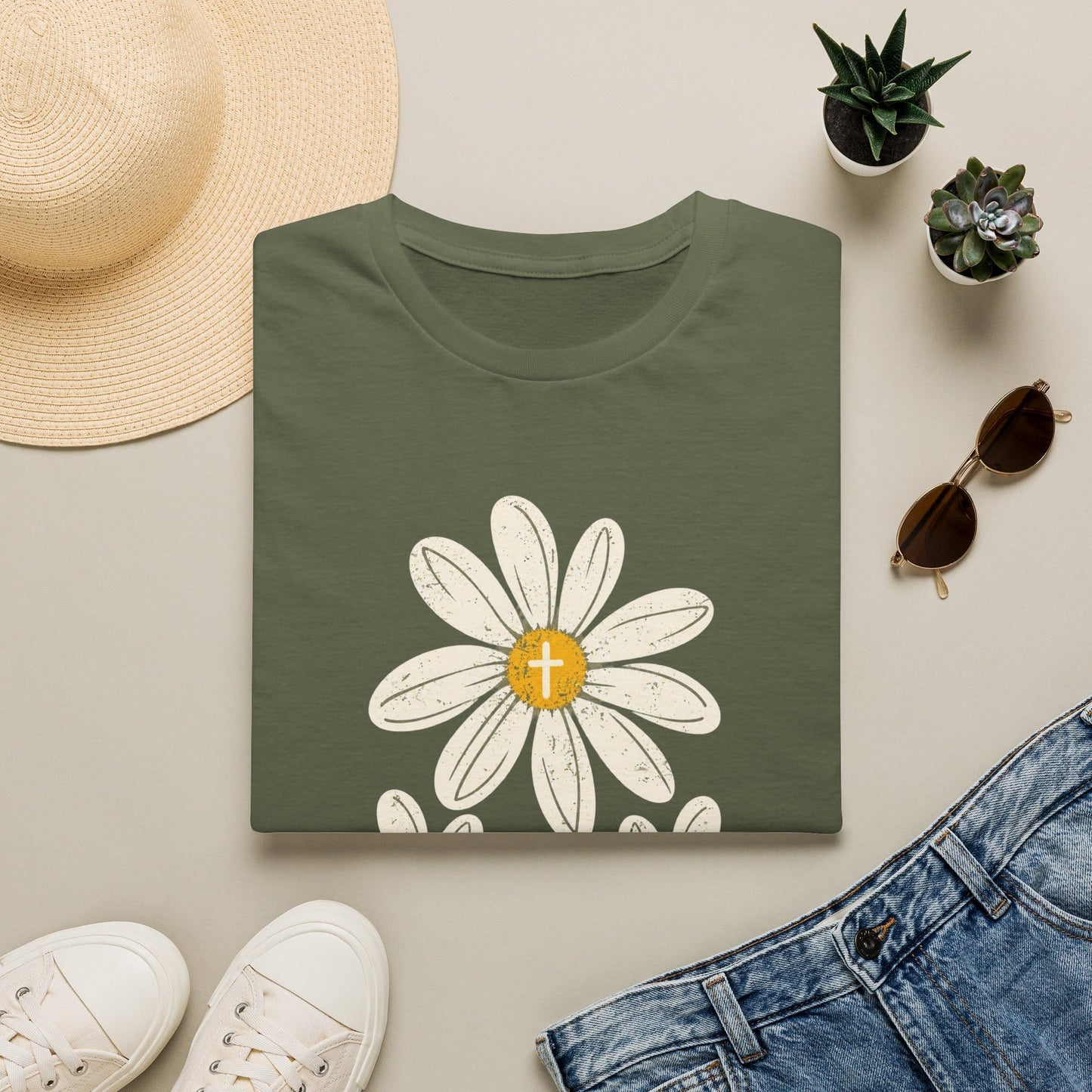 Jesus Tea & Me Daisy shirt with daisy artwork and faith-inspired lettering. - Military Green