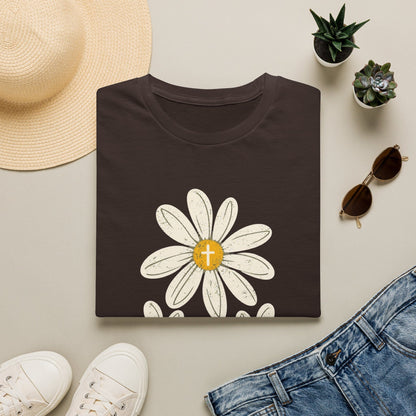 Jesus Tea & Me Daisy shirt with daisy artwork and faith-inspired lettering. - Dark Chocolate