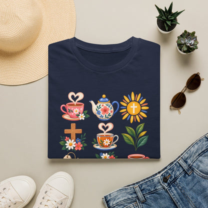 Retro Christian tea lover shirt with vintage-style lettering and faith-inspired design. - Navy