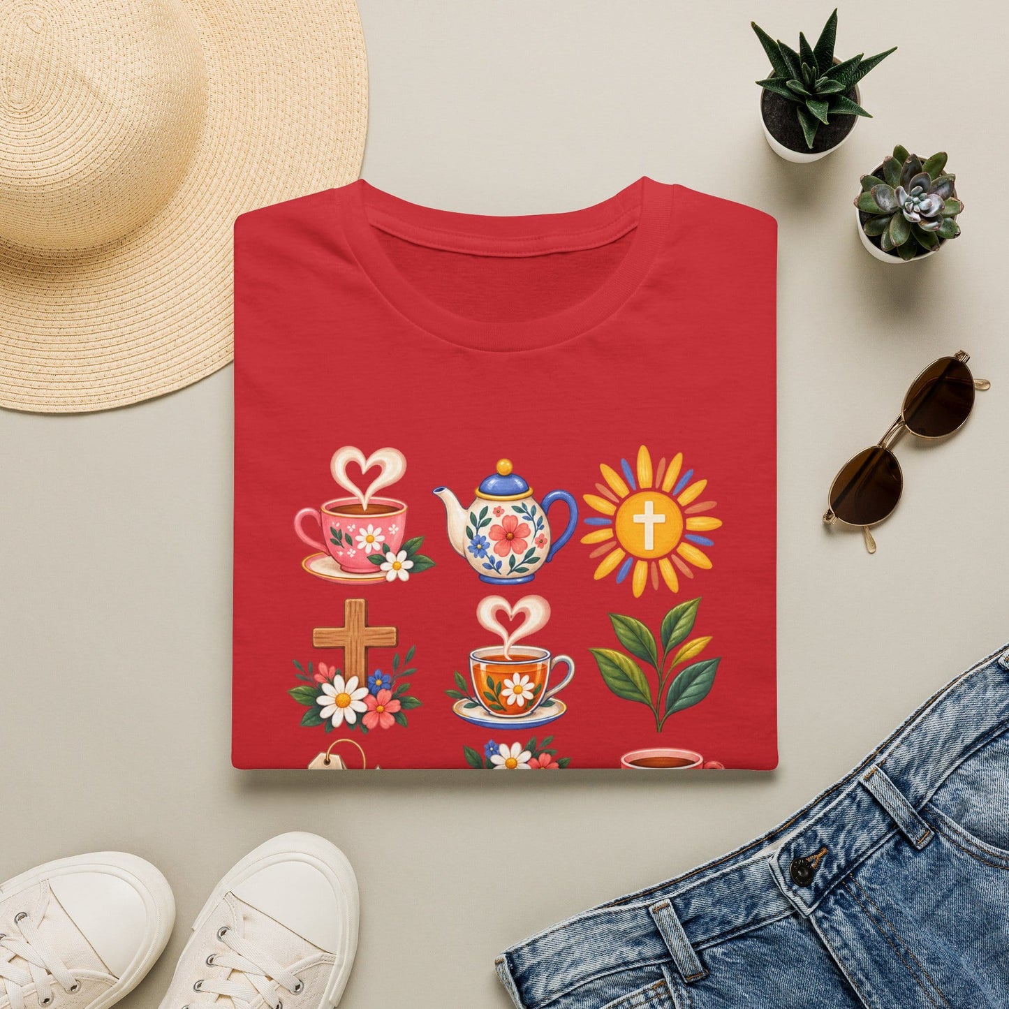 Retro Christian tea lover shirt with vintage-style lettering and faith-inspired design. - Red