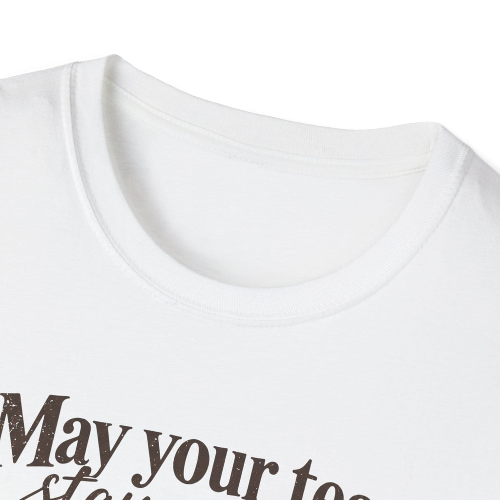 May Your Tea Stay Warm, May Your Heart Stay Peaceful, God Has Already Gone Ahead Of You t-shirt with a floral teacup marked with a cross