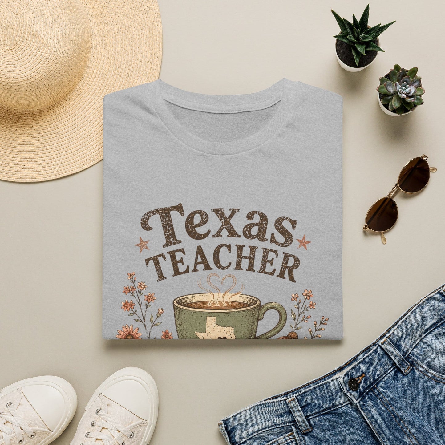Texas Teacher shirt with sage teacup on open Bible, Texas silhouette, wildflowers, distressed brown lettering, and vintage boutique colors.