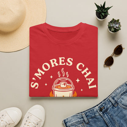 S’mores Chai shirt with iced chai cup, graham crackers, marshmallow, stars, and Summer Grace phrase