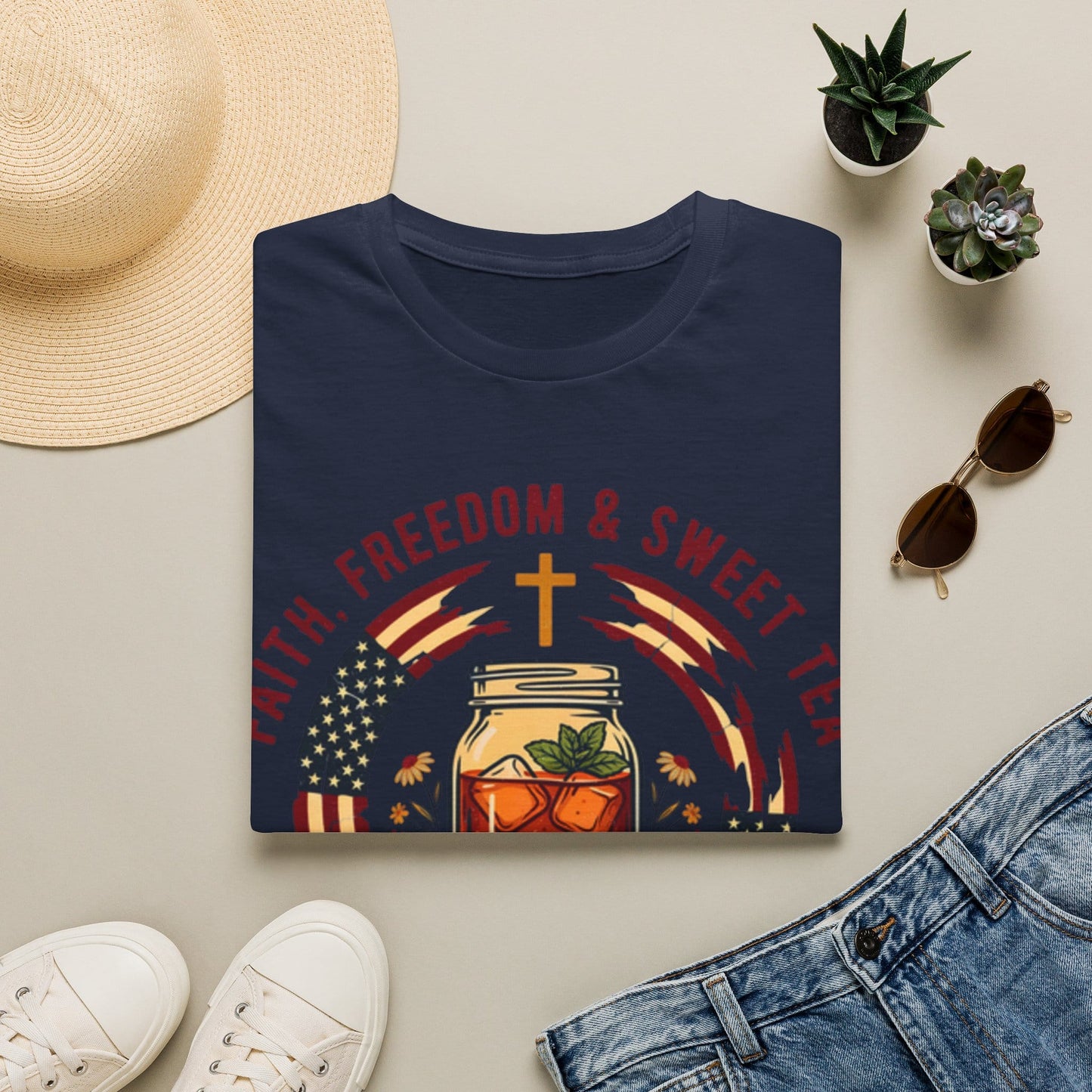 Faith Freedom and Sweet Tea patriotic shirt with mason jar iced tea, American flag accents, cross, and flowers