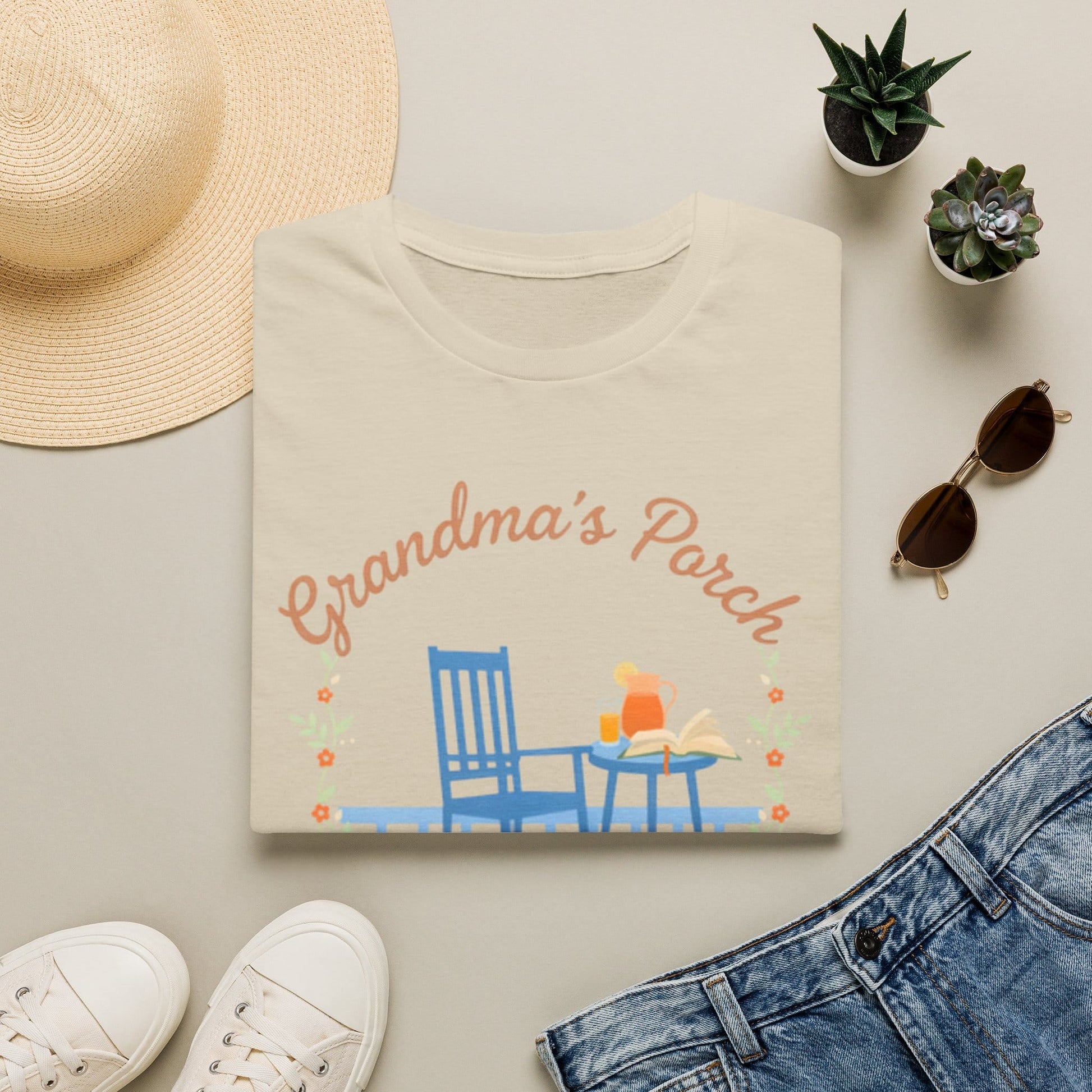 Grandma’s Porch shirt with rocking chair, sweet tea, open Bible, floral wreath, and Sweet Tea and Scripture text
