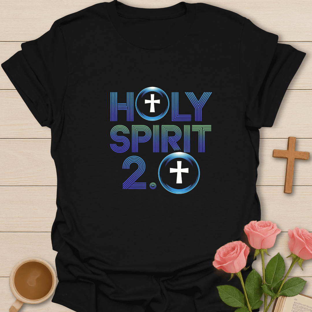 Black Holy Spirit 2.0 Christian t-shirt featuring modern typography and cross symbols, inspirational faith apparel for women