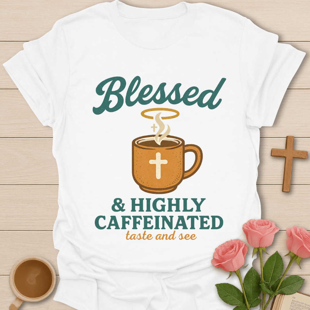 Blessed & Highly Caffeinated T-Shirt KozzyCo Christian and tea lover design