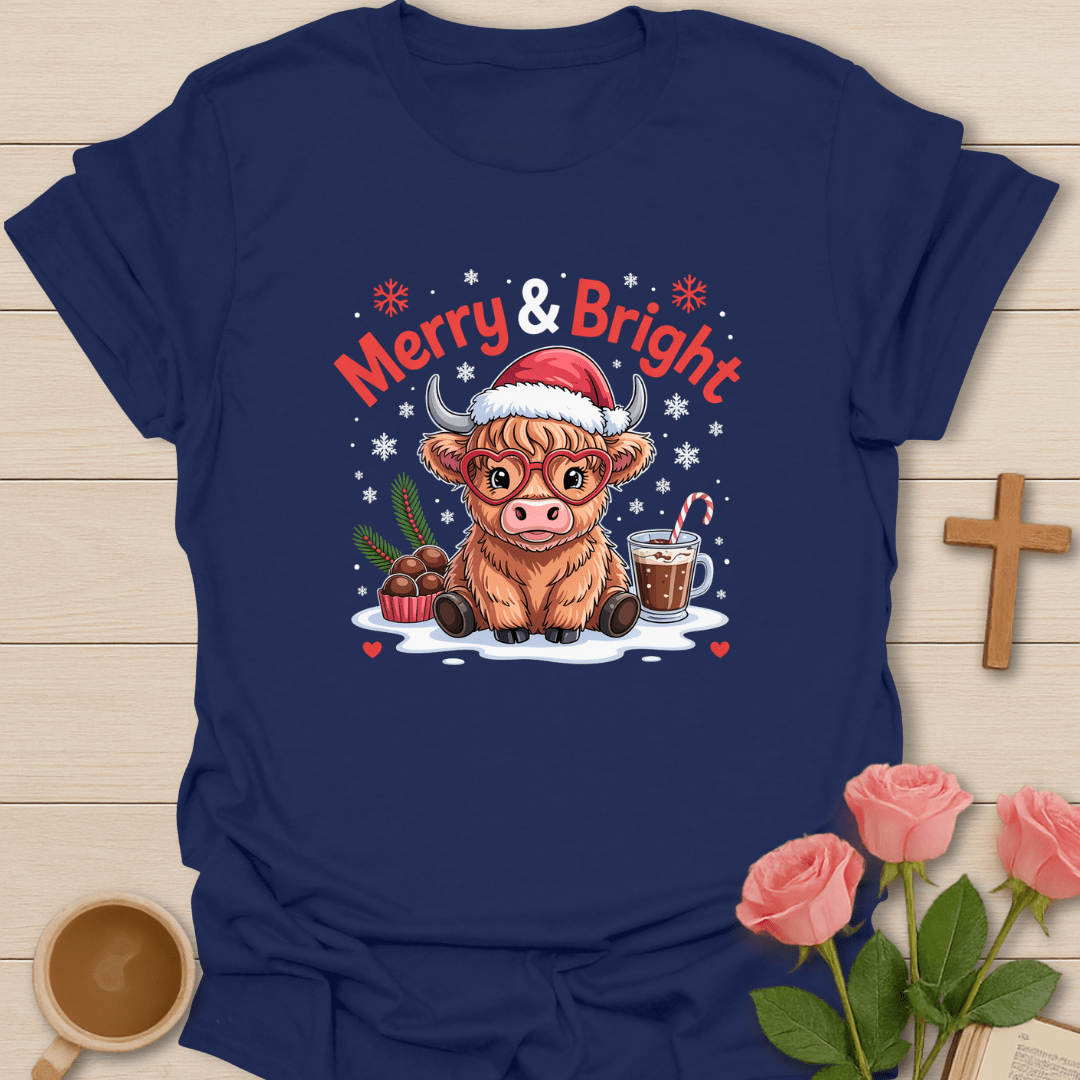 Merry & Bright Highlander Cow Christmas T-Shirt
