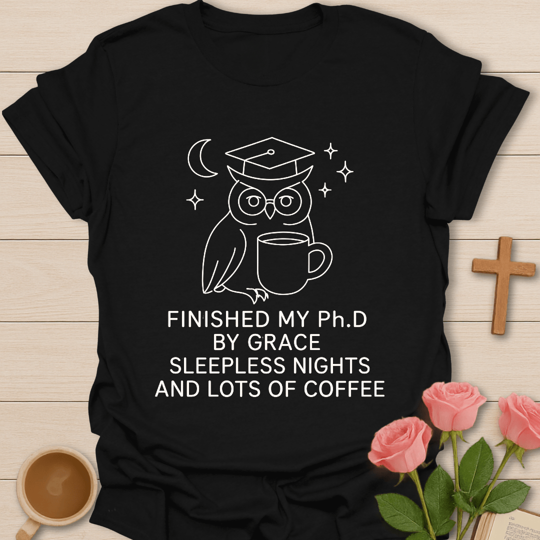 Wise Owl Dissertation Finished shirt with graduate owl, coffee cup, books, and cream lettering. - Black