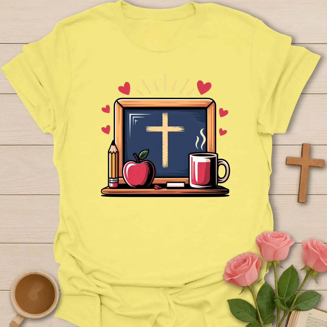 1st Grade Teacher Essentials shirt with teacup, pencils, and cream vintage lettering. - Cornsilk