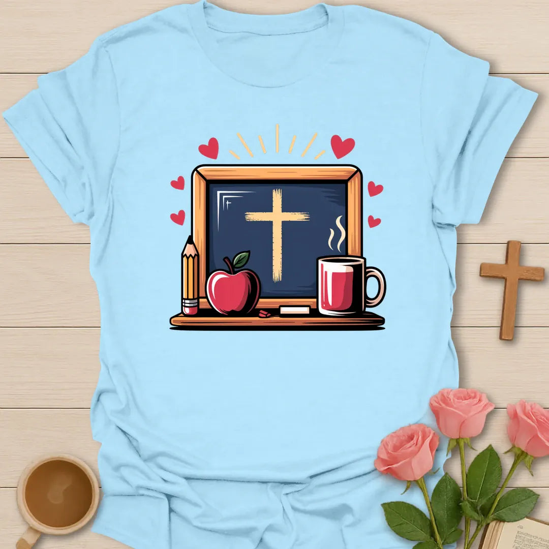 1st Grade Teacher Essentials shirt with teacup, pencils, and cream vintage lettering. - Light Blue