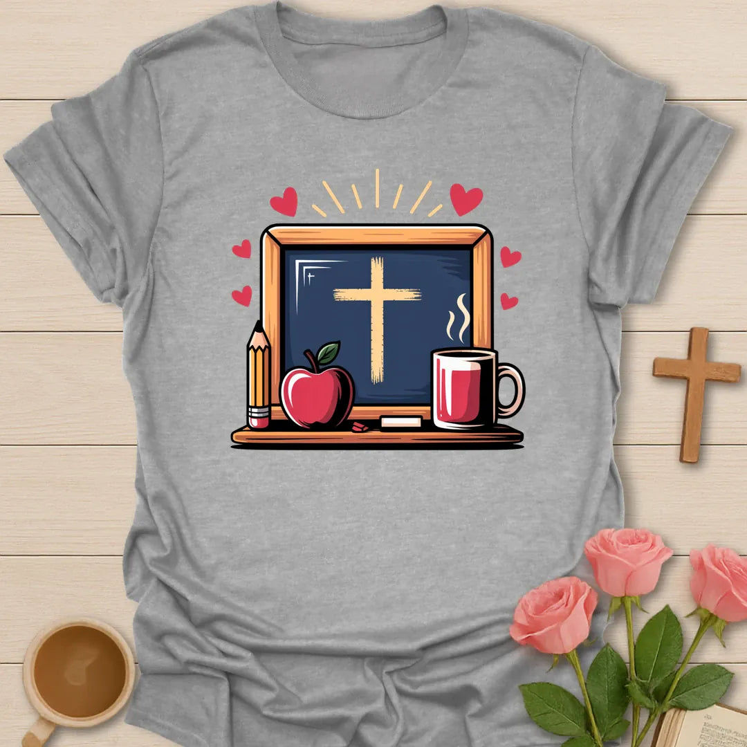 1st Grade Teacher Essentials shirt with teacup, pencils, and cream vintage lettering. - Sport Grey