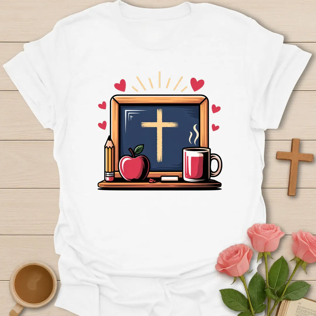 1st Grade Teacher Essentials shirt with teacup, pencils, and cream vintage lettering. - White