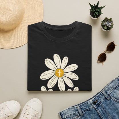 Jesus Tea & Me Daisy shirt with daisy artwork and faith-inspired lettering. - Black