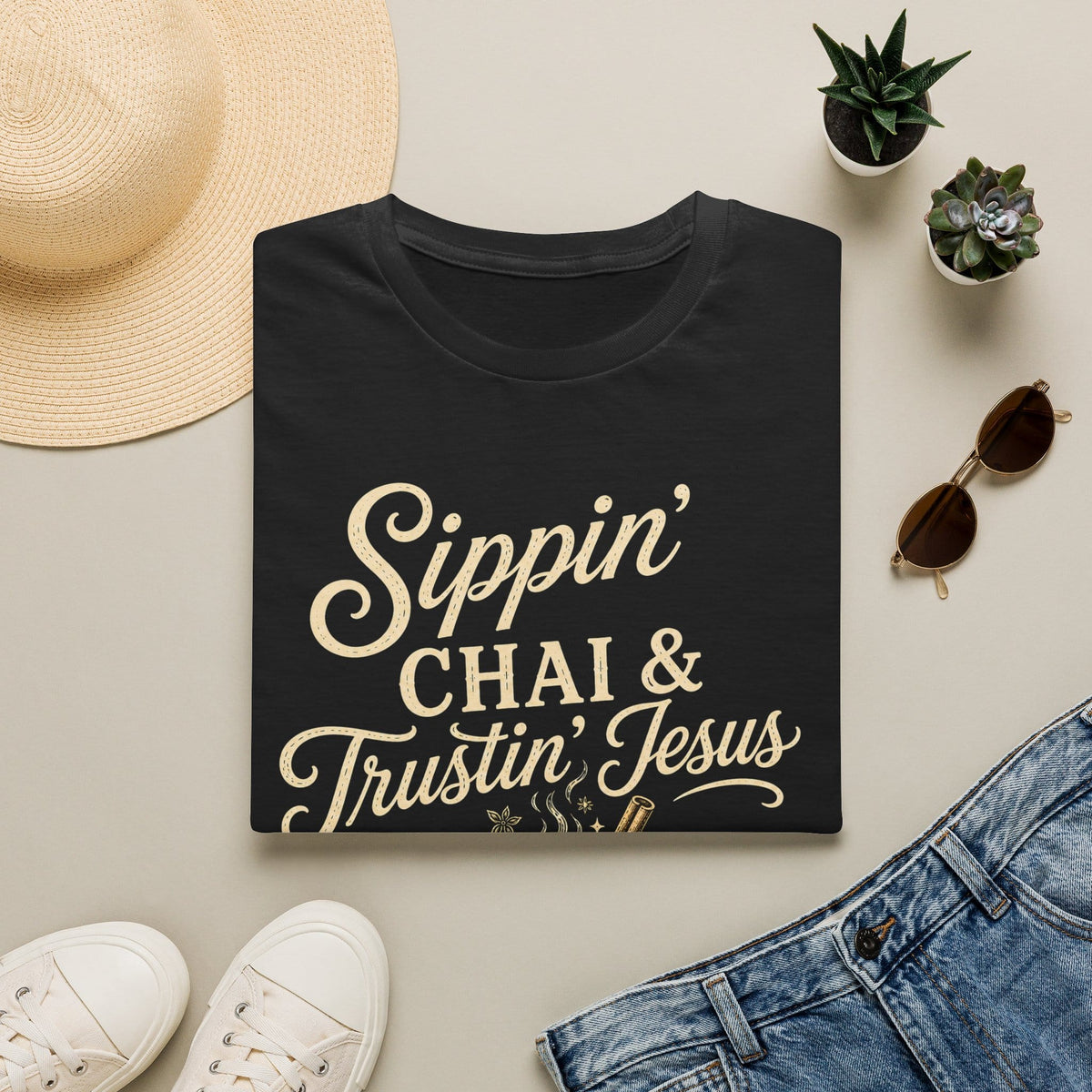 Sippin Chai and Trustin Jesus shirt with mason jar chai, straw, cross tea tag, steam, flowers, and cream vintage lettering.