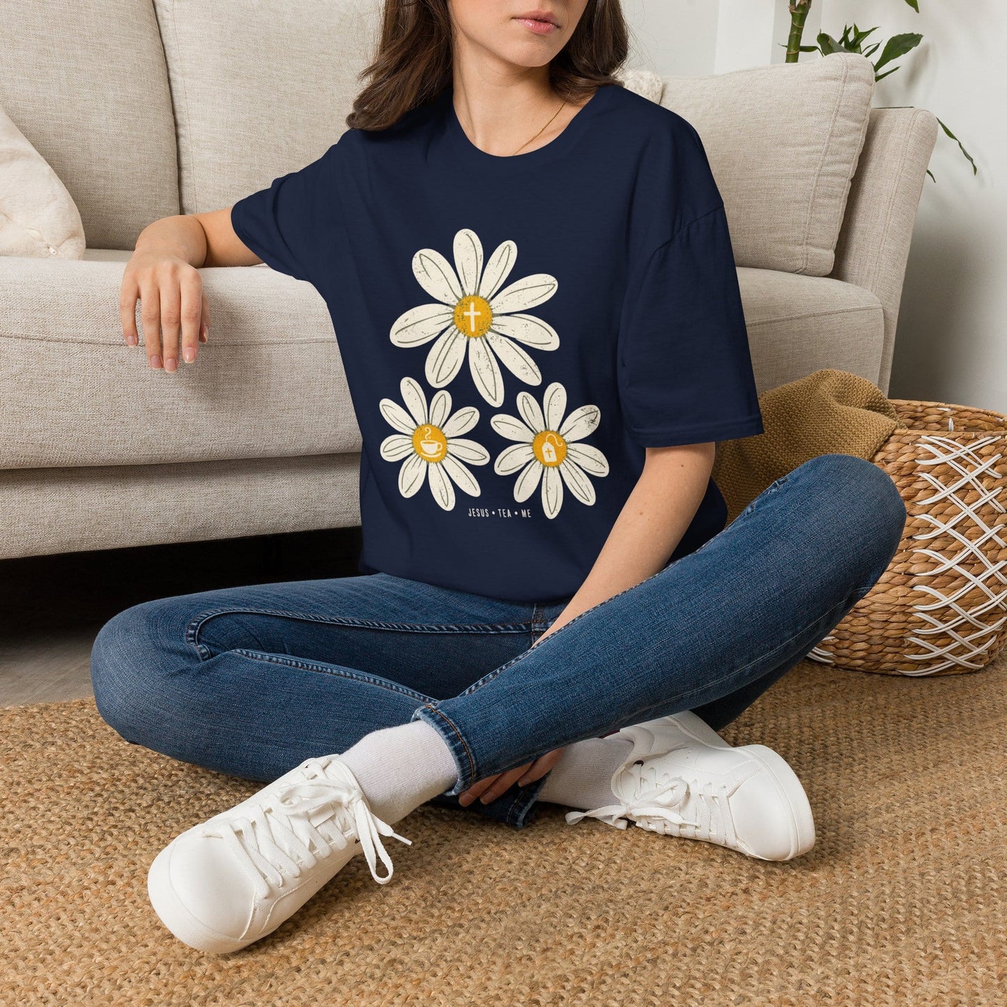 Jesus Tea & Me Daisy shirt with daisy artwork and faith-inspired lettering.