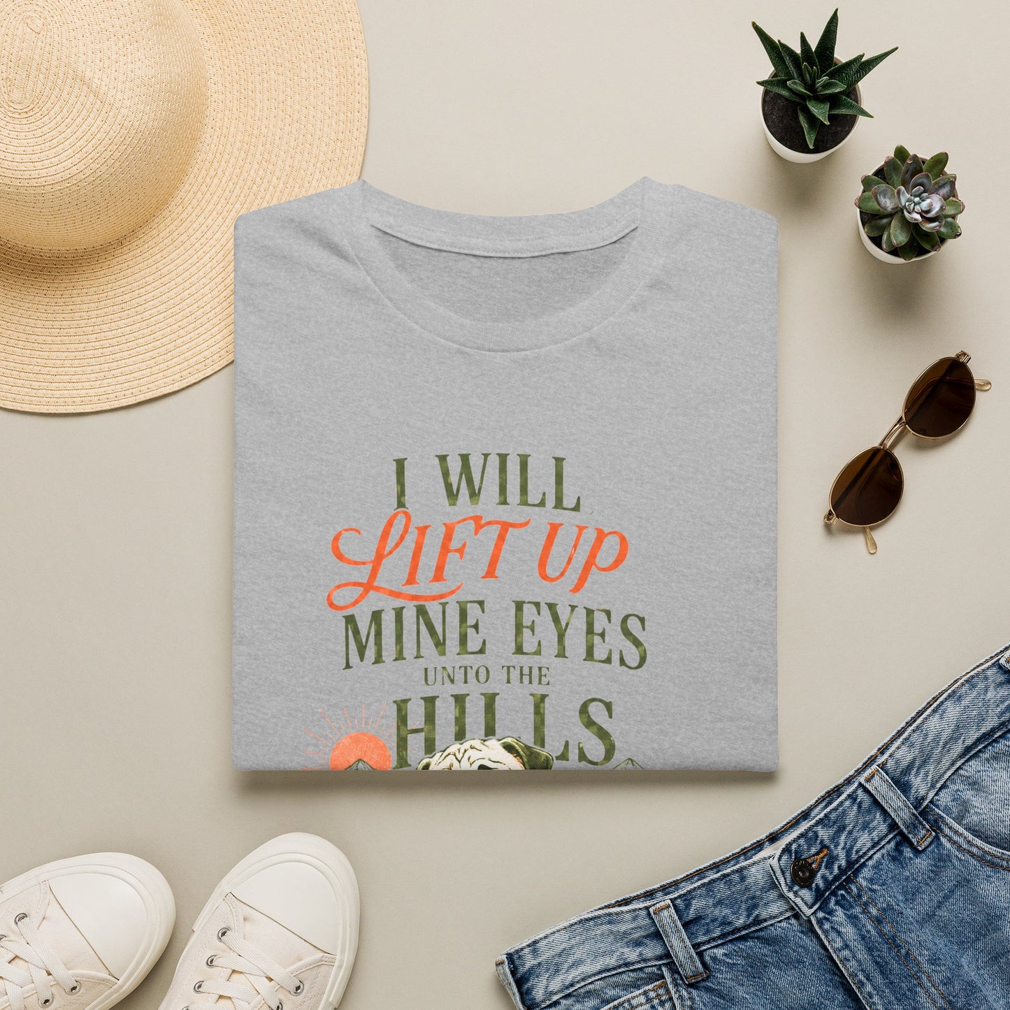 Lift Up Mine Eyes Christian shirt with Psalm 121:1 verse and faith-inspired design. - Sport Grey