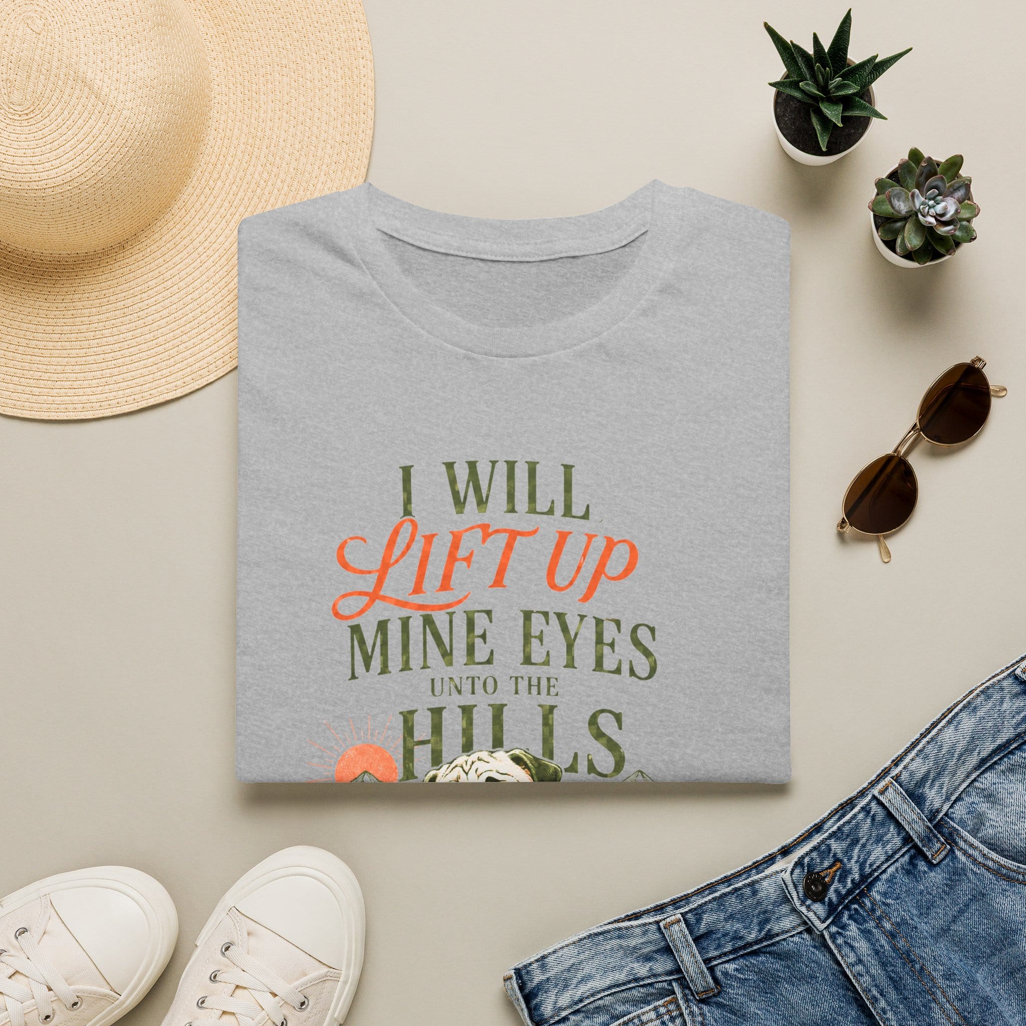 Lift Up Mine Eyes Christian shirt with Psalm 121:1 verse and faith-inspired design. - Sport Grey