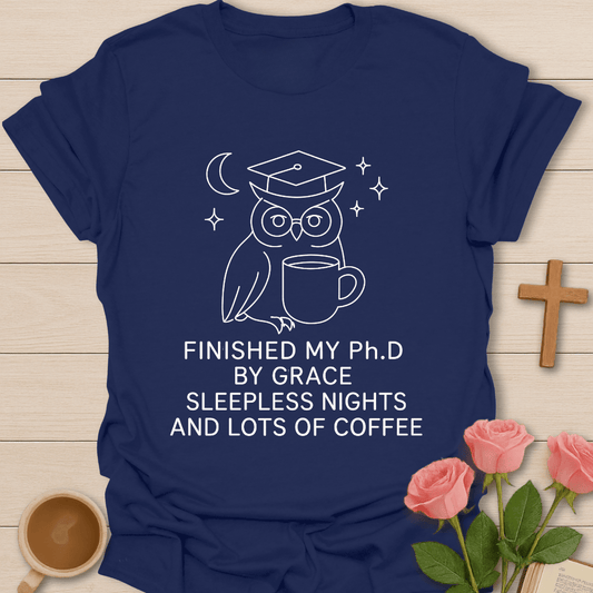 Wise Owl Dissertation Finished shirt with graduate owl, coffee cup, books, and cream lettering. - Navy
