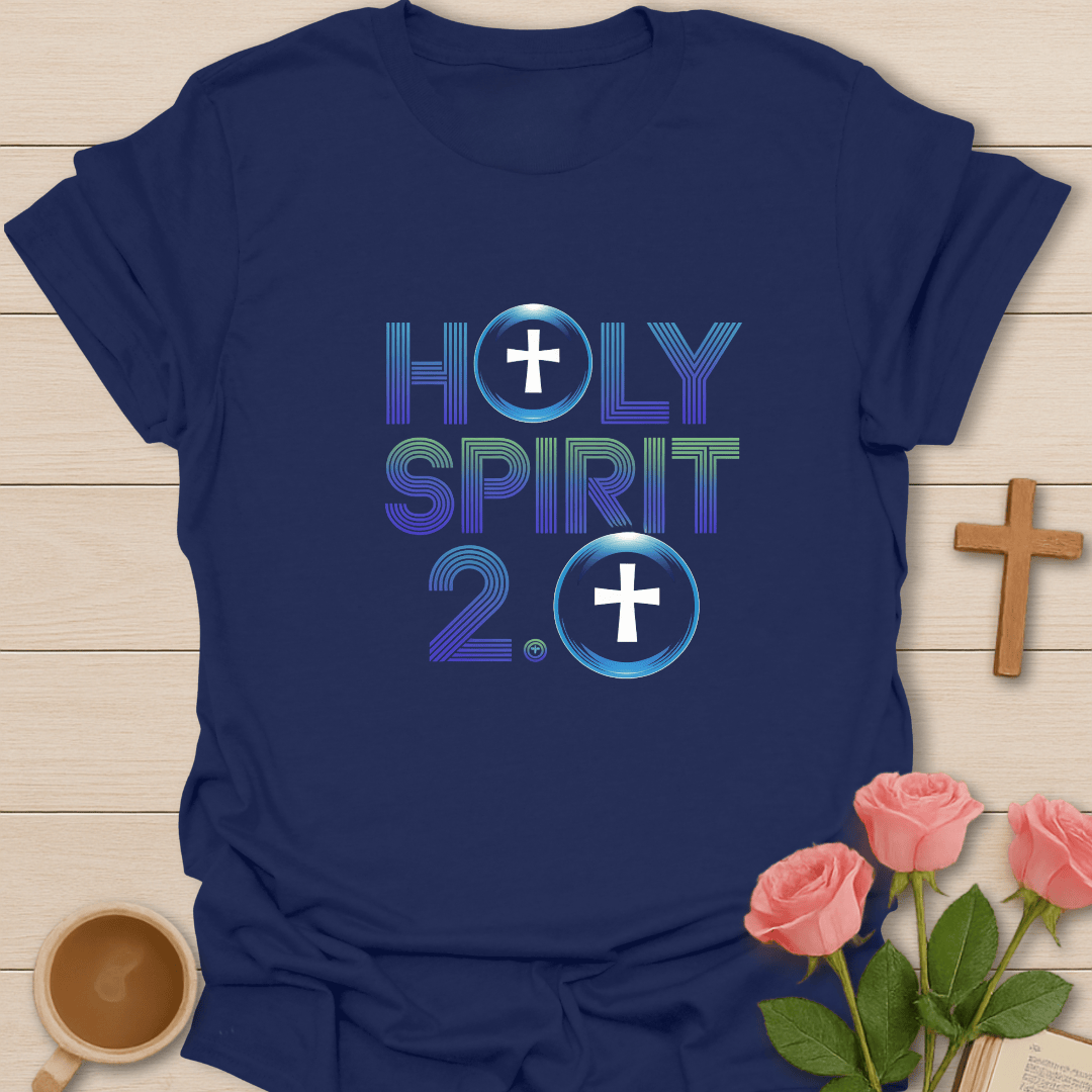 Navy Holy Spirit 2.0 Christian t-shirt featuring modern typography and cross symbols, inspirational faith apparel for women