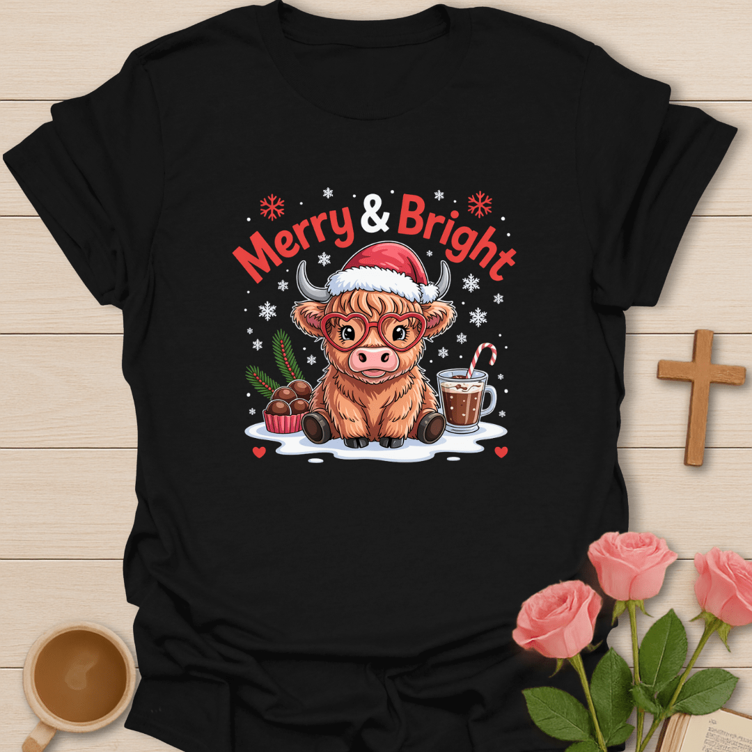 Merry & Bright Highlander Cow Christmas T-Shirt