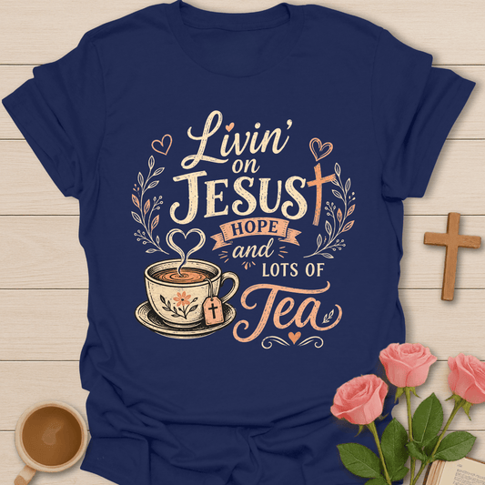 Jesus Hope and Tea shirt with teacup, cross tea tag, hearts, floral accents, and vintage cream and peach lettering. - Navy