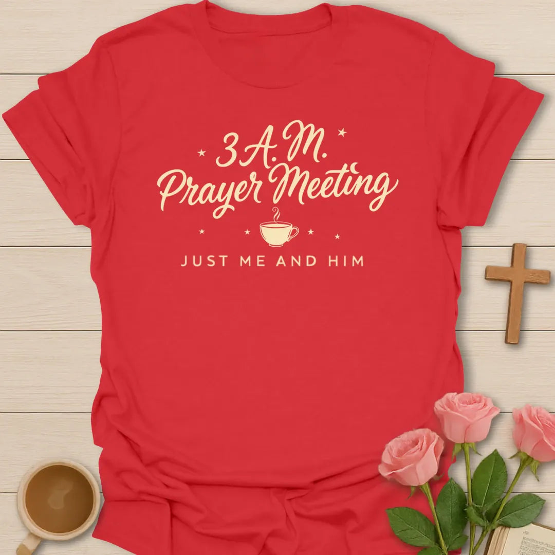 3 AM Prayer Meeting funny Christian t-shirt with playful faith-inspired tea lettering design - Red