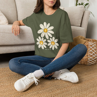 Jesus Tea & Me Daisy shirt with daisy artwork and faith-inspired lettering.