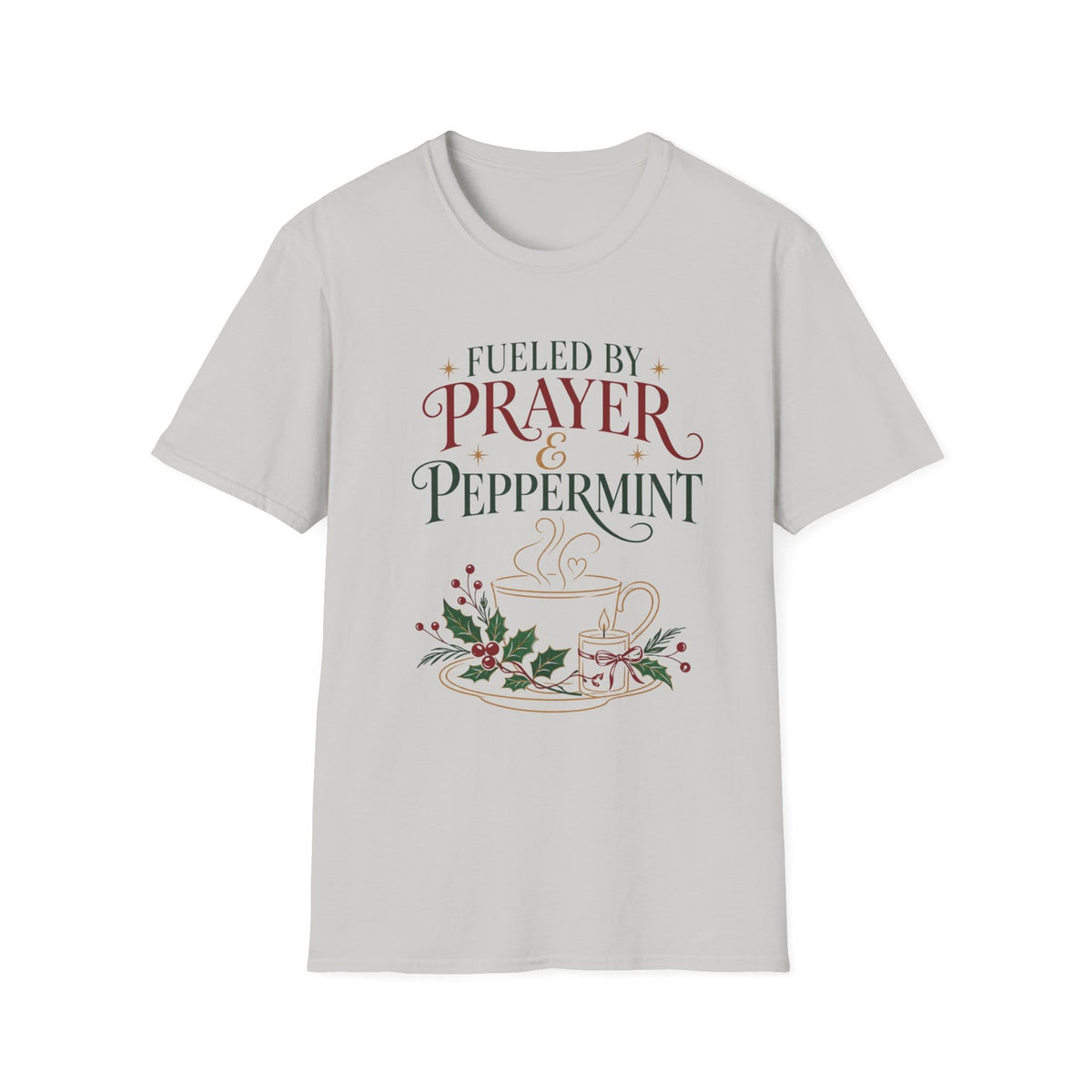 Prayer & Peppermint Christian t-shirt with tea-inspired lettering and faith design - Ice Grey
