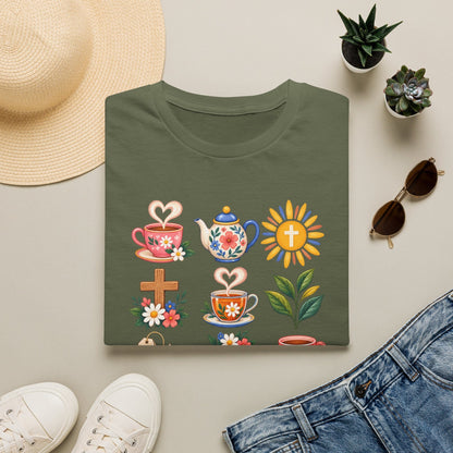 Retro Christian tea lover shirt with vintage-style lettering and faith-inspired design. - Military Green